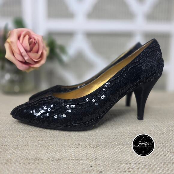 Dolce by Pierre Vintage and Rare Black Foxy Sequin Beaded Pumps/Heels Size 7M - Picture 3 of 16